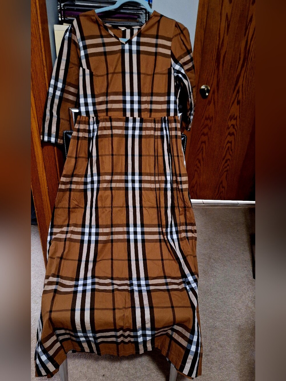 Plaid Long Sleeve Maxi Dress in Camel